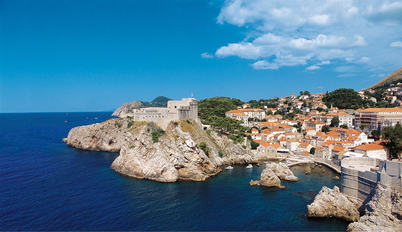 Aerial view of Dubrovnik Old Town's fortress walls and red-roofed buildings on the Adriatic coast