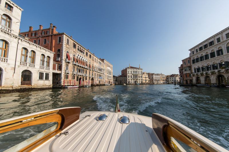 View of Venice's Grand Canal and historic palazzos from a water taxi